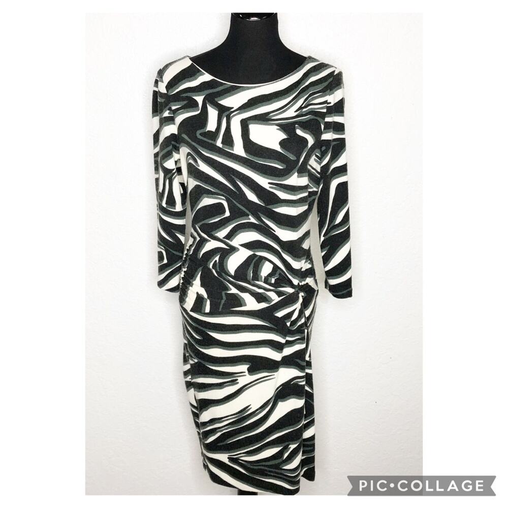 Cache black cream green animal striped print knit midi dress